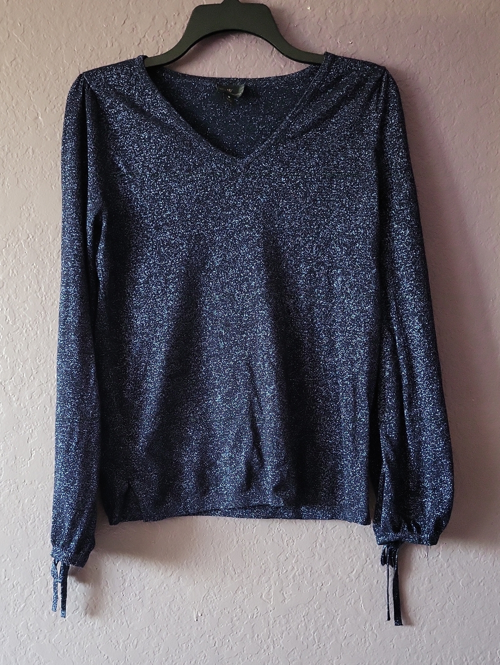Worthington Navy Sparkle V-Neck Tie-Cuff Sweater